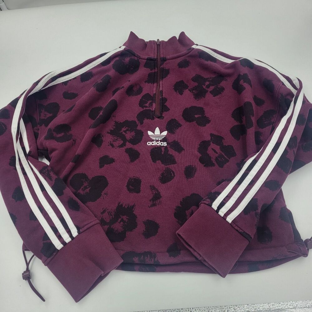 Adidas Quarter Zip Sweatshirt Maroon Leopard Cropped Sewn Logo Front Womens M